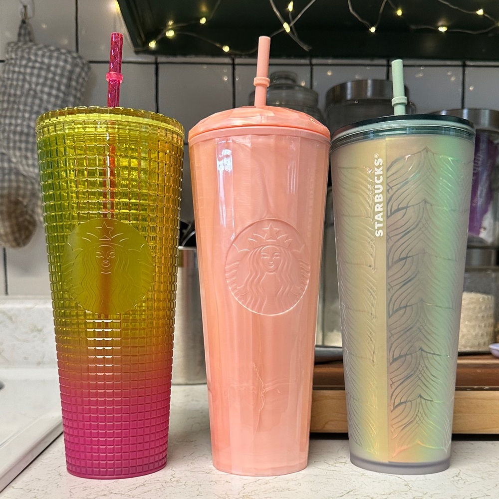 Starbucks Pink, Yellow & Iridescent Green Reusable Tumbler Trio